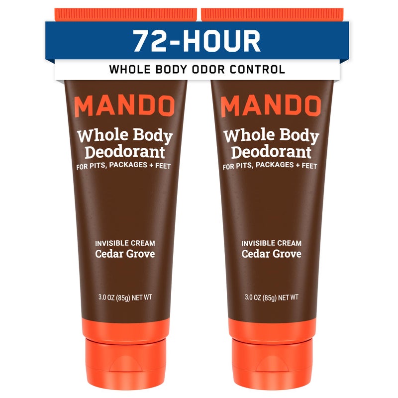 Mando Whole Body Deodorant For Men  Invisible Cream  72 Hour Odor Control  Aluminum Free Baking Soda Free Skin Safe  3 Ounce Tube Pack of 2  Cedar Grove